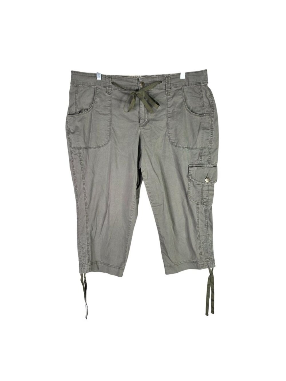 Womens Faded Glory Cargo Olive Green Capri Pants Cotton Blend Tie Hem Size 16W